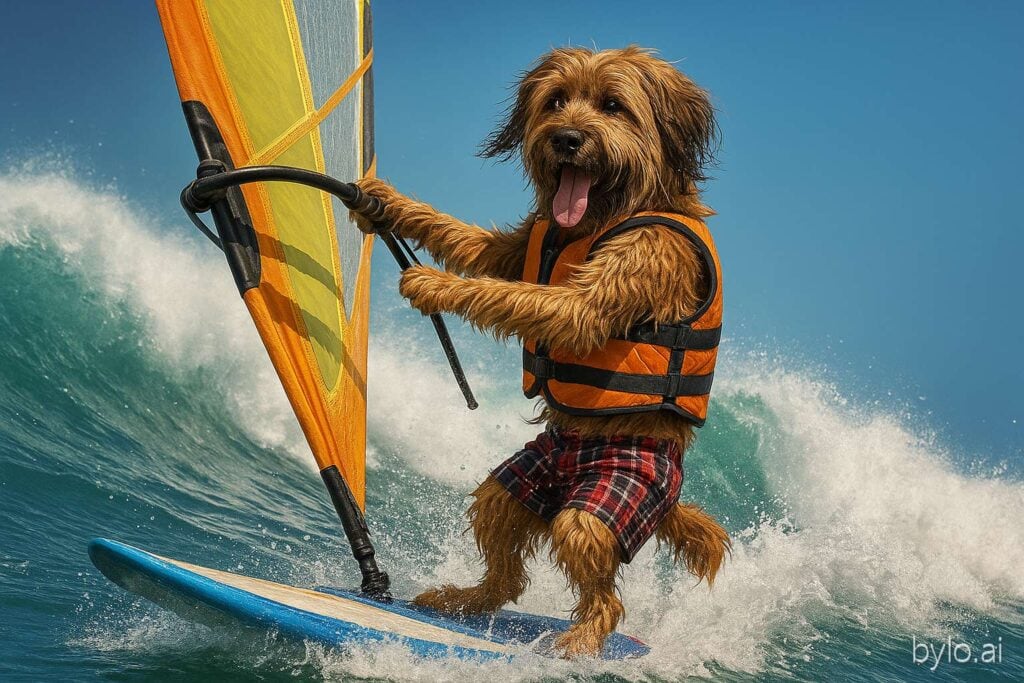 KI-Bild Briard auf Surfbrett